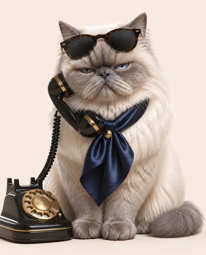 Jerry in tortoiseshell sunglasses and a navy silk tie, glaring while holding a black rotary phone