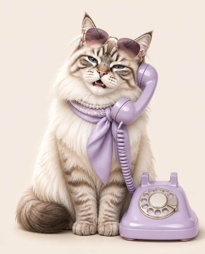 Lola in rose-tinted sunglasses, pearls and a lilac scarf, chatting on a lilac rotary phone